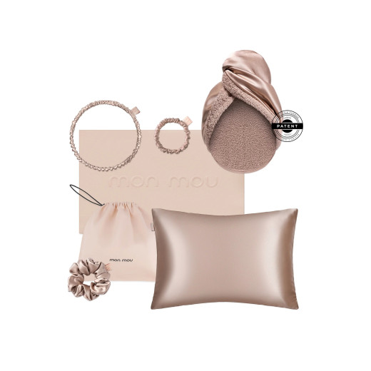 MON MOU Подарочный набор SOFT SILK SET BEIGE (наволочка, полотенце-тюрбан, резинка средняя, резинка тонкая, обруч)