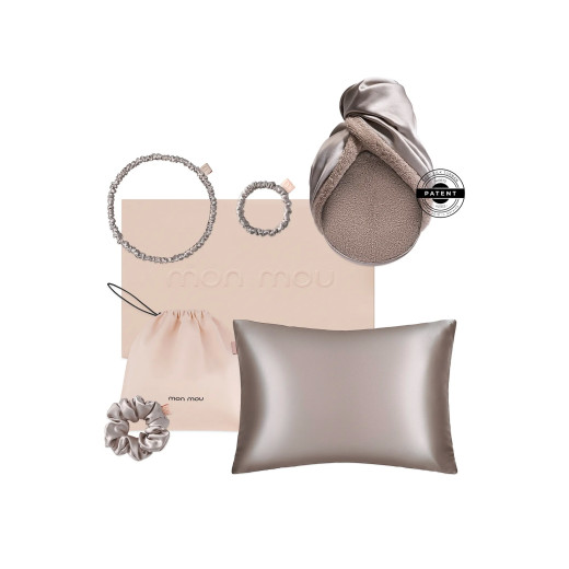 MON MOU Подарочный набор SOFT SILK SET TAUPE (наволочка, полотенце-тюрбан, резинка средняя, резинка тонкая, обруч)