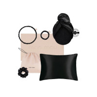 MON MOU Подарочный набор Soft Silk Set Black (наволочка, полотенце-тюрбан, резинка средняя, резинка тонкая, обруч)